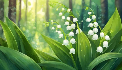 Rolgordijnen Acrylic painting of beautiful lily of valley. Blooming flowers. Spring season. © hardvicore