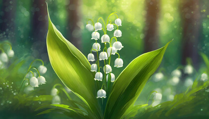 Acrylic painting of beautiful lily of valley. Blooming flowers. Spring season.