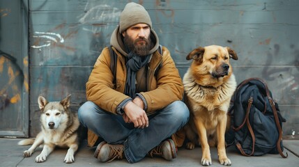 Homeless people beggar with Dogs, hungry homeless begging for help food and money, Problems of big modern cities, Downtown Los Angeles, California, Poverty concept - obrazy, fototapety, plakaty