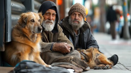 Homeless people beggar with Dogs, hungry homeless begging for help food and money, Problems of big modern cities, Downtown Los Angeles, California, Poverty concept