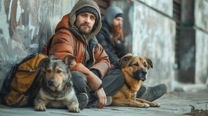Homeless people beggar with Dogs, hungry homeless begging for help food and money, Problems of big...