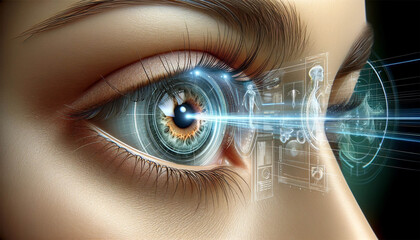 Close-up of a human eye, with virtual hologram elements surrounding the iris. These elements symbolize the advanced digital ID verification process, demonstrating futuristic technology in action.