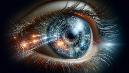 Close-up of a human eye, with virtual hologram elements surrounding the iris. These elements symbolize the advanced digital ID verification process, demonstrating futuristic technology in action.