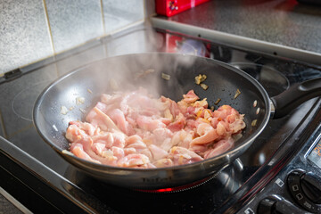 Frying chicken fillet slices with onion in frying pan
