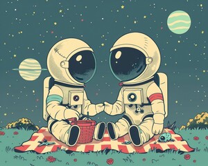 Medium shot of an astronaut and a cute alien sharing a picnic under a summer sky minimalist picnic blanket and basket included