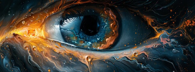 Macro photography of an eyelash in front of an electric blue galaxy background