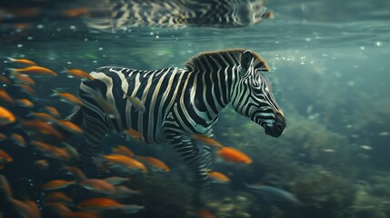 Fototapeta na wymiar A zebra guiding a school of fish in a minimalist underwater parade its stripes a dynamic addition to the ocean s textures