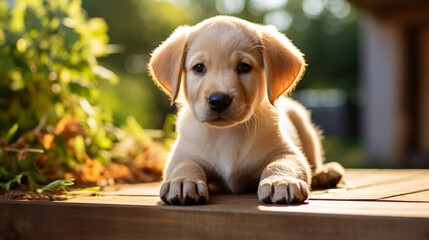 A charming and adorable labrador retriever puppy is sitting on a weathered wooden surface surrounded by lush greenery and waiting for its owner. The puppy’s fur catches light, emphasizing its charm