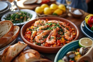Spanish Mediterranean cuisine. View to table with different seafood dishes, tapas and fresh bread
