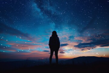 A person is standing on a hill at night, looking up at the stars