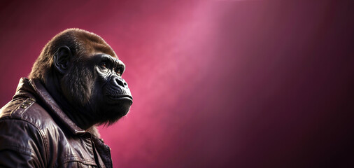 A portrait of a Gorilla wearing a leather jacket, standing against a pink background.
