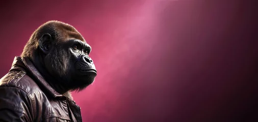 Foto op Aluminium A portrait of a Gorilla wearing a leather jacket, standing against a pink background. © rexandpan