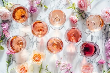 A table with a bunch of wine glasses and flowers
