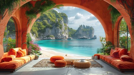 Ocean visible through archway, showcasing natural landscape - obrazy, fototapety, plakaty