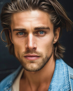 Handsome guy with blue eyes and long brown hair Generative AI
