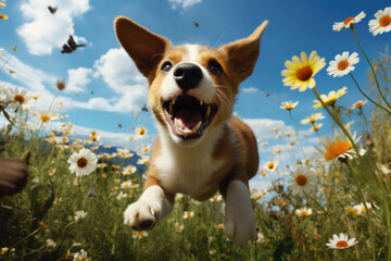 Playful puppy in wildflower field