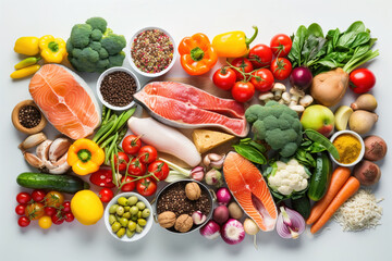 A vibrant array of fresh produce and seafood, meticulously arranged. The image features salmon, vegetables, spices, and fruits showcasing a balanced diet. Ideal for nutrition, health, and culinary the