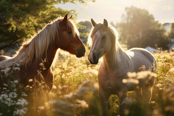 Elegant horses grazing in a sun-kissed meadow