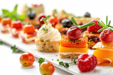 Gourmet canapes on a white platter, a mix of fresh fruits, vegetables, and creamy toppings. Ideal...