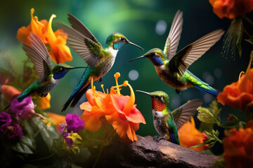 Fototapeta premium Colorful hummingbirds feeding on nectar from spring flowers