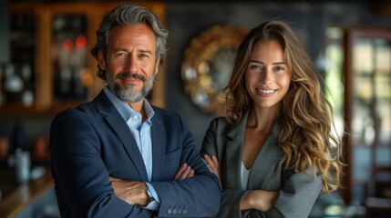 Portrait of successful male and female in business suits, arms crossed and smiling. Team. dark background, room for copy space. 
