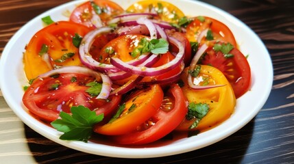 Plate with tomatoes, onions and basil. Neural network AI generated art