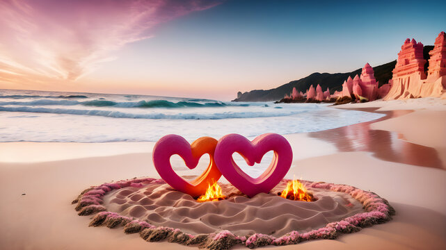 A secluded beach with a crackling bonfire surrounded by heart-shaped sand sculptures. The waves gently kiss the shore under a sky painted with hues of pink and orange