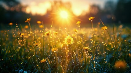 Setting Sun Casting Light on Field of Grass