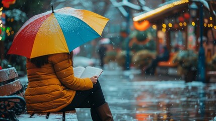 Woman Sitting on Bench in Rain With Umbrella