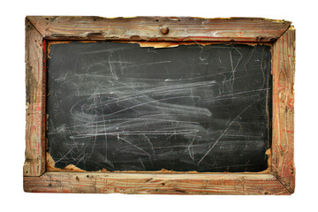 Rustic vintage chalkboard with weathered wooden frame, cut out - stock png.