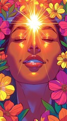 Woman with a Glowing Third Eye Surrounded by Vibrant Flowers, Symbolizing Enlightenment and Inner Peace