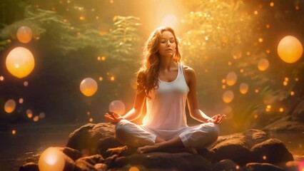 
A woman in lotus pose in nature, practicing yoga meditation in a forest, mindfulness until spiritual awareness and nirvana inside mystical light effects - Powered by Adobe