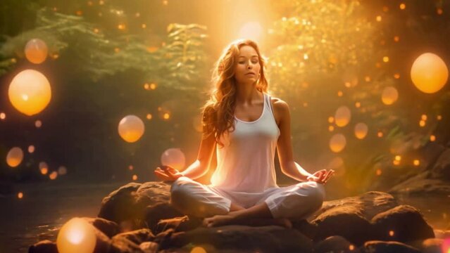 
A woman in lotus pose in nature, practicing yoga meditation in a forest, mindfulness until spiritual awareness and nirvana inside mystical light effects