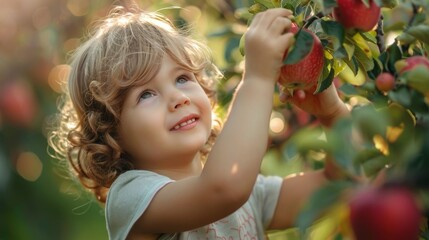 Little Girl Picking an Apple From a Tree