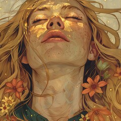 Peaceful Woman with Closed Eyes Bathed in Golden Light Amongst Autumn Flowers