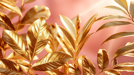 Golden leaves on pink background with soft shadows