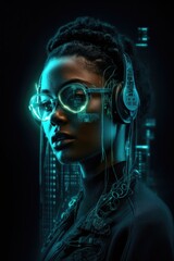 Portrait of a futuristic African-American woman wearing headphones and glasses in turquoise-neon color