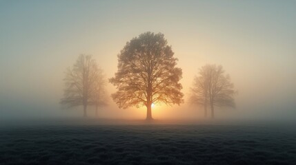 Fototapeta na wymiar Foggy Field With Lone Tree