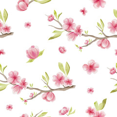 Watercolor seamless pattern with pink blossom cherry. Hand drawn floral background with sakura.