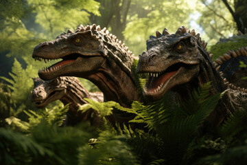 Ankylosaurs resting in prehistoric fern grove - obrazy, fototapety, plakaty