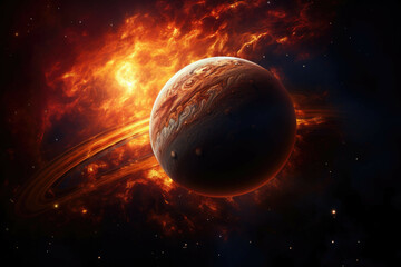 Majestic gas giant planet with swirling clouds and multiple suns. - obrazy, fototapety, plakaty
