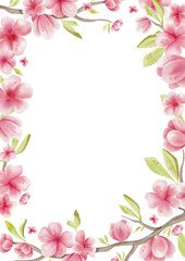 Fototapeta premium Hand drawn watercolor frame cherry blossom. Floral border of cherry flowers. Botanical illustration. 