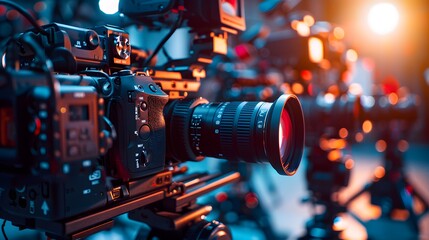 close up on media production video cameras in a recording studio, all logos or trademark signs and elements were cloned away or blurred out. - Powered by Adobe