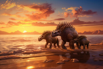 Fototapeta premium Stegosaurus family walking on prehistoric beach