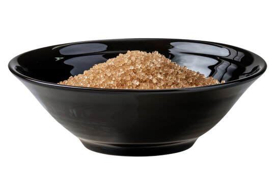 Organic brown sugar in black bowl, cut out - stock png.