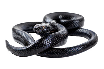 Black coiled snake with shiny scales on transparent background - stock png. - obrazy, fototapety, plakaty