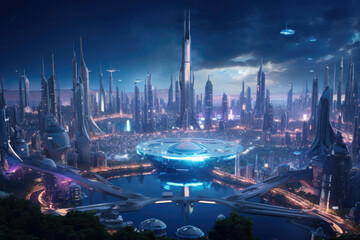 Fototapeta na wymiar Futuristic city on a distant planet with advanced technology and flying vehicles.