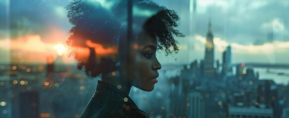 A poised woman with textured black hair is superimposed over a cityscape at dusk, reflecting a moment of urban tranquility. - obrazy, fototapety, plakaty