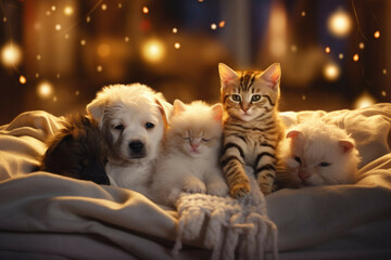 Fototapeta na wymiar Group of kittens and puppies in Christmas pajamas cuddled up in a cozy bed