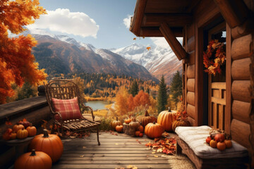 Cozy cabin in mountain with autumn foliage - obrazy, fototapety, plakaty